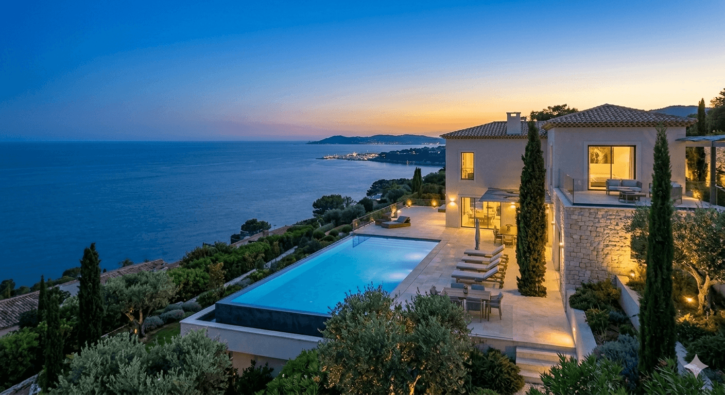 Villa méditerranéenne éclairée au crépuscule